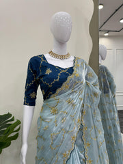 Wedding Wear Sky Blue Color Sequence work Saree