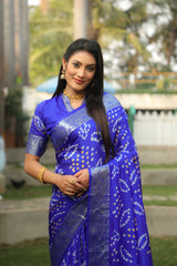 Blissful Kanjivaram Bandhej Blue Color Silk Saree