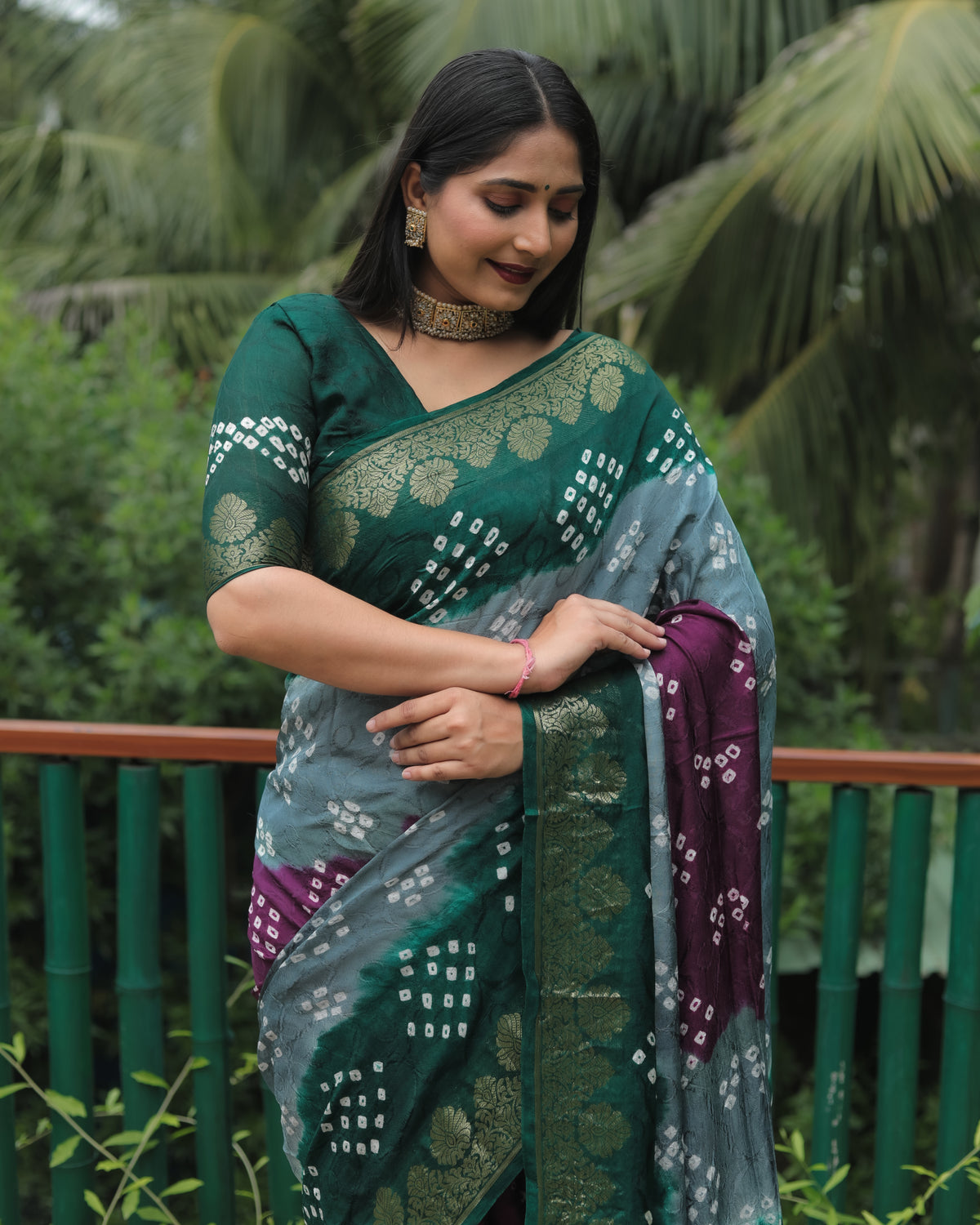 Outstanding Bandhej Grey Color Silk Saree