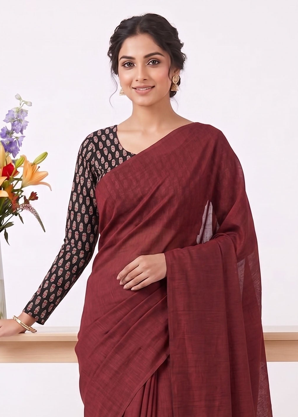 Elegant Khadi Cotton Saree with Stretchable Ajrak Print Blouse