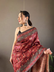 Classic Digital Print Silk Red Color Saree