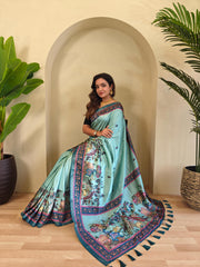 Precious Kalamkari Print Teal Blue Color Saree