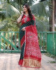 Adorable Bandhej Silk Saree Green With Red Color Saree