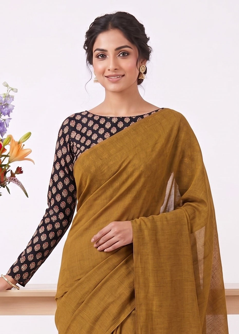Elegant Khadi Cotton Saree with Stretchable Ajrak Print Blouse