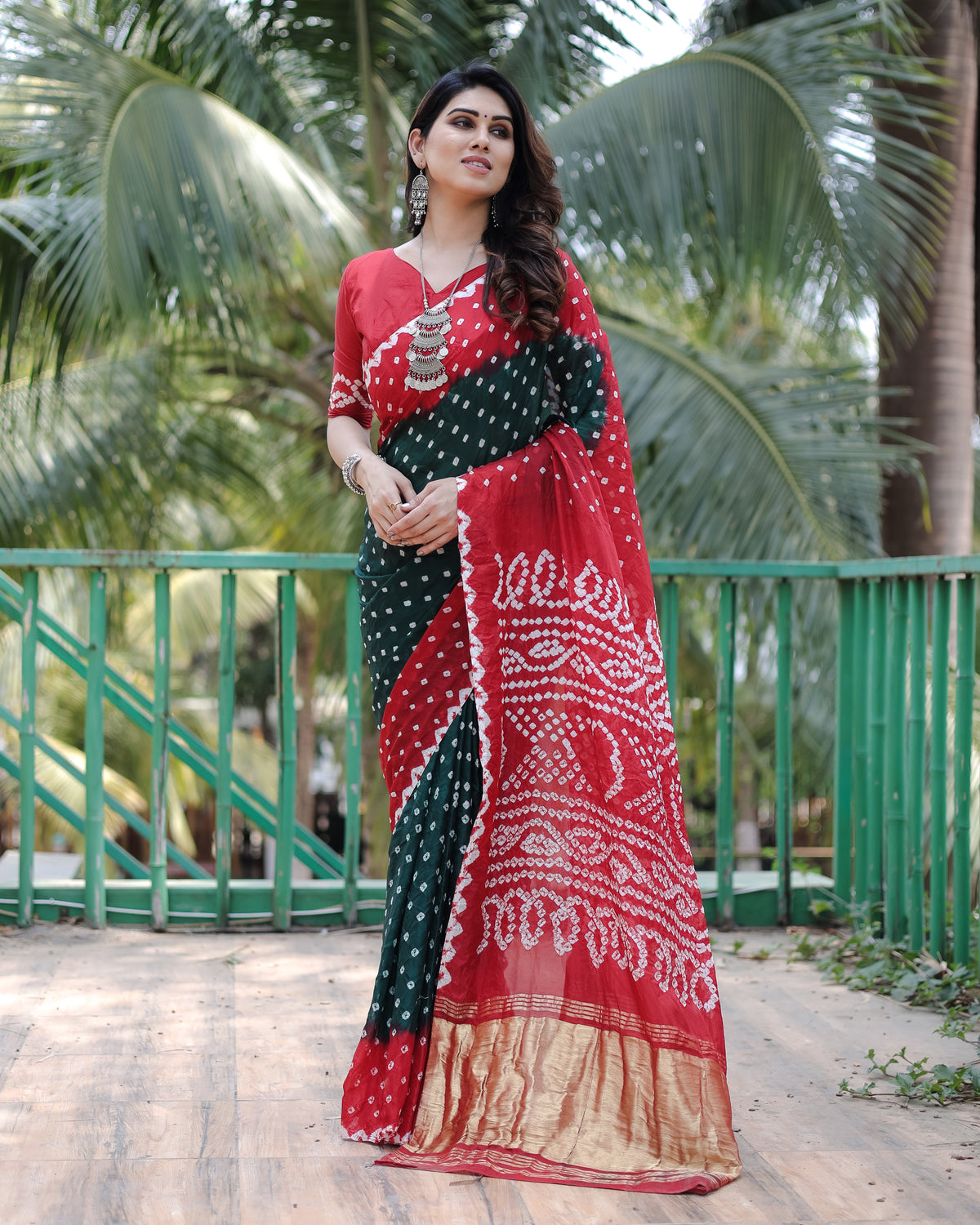 Adorable Bandhej Silk Saree Green With Red Color Saree