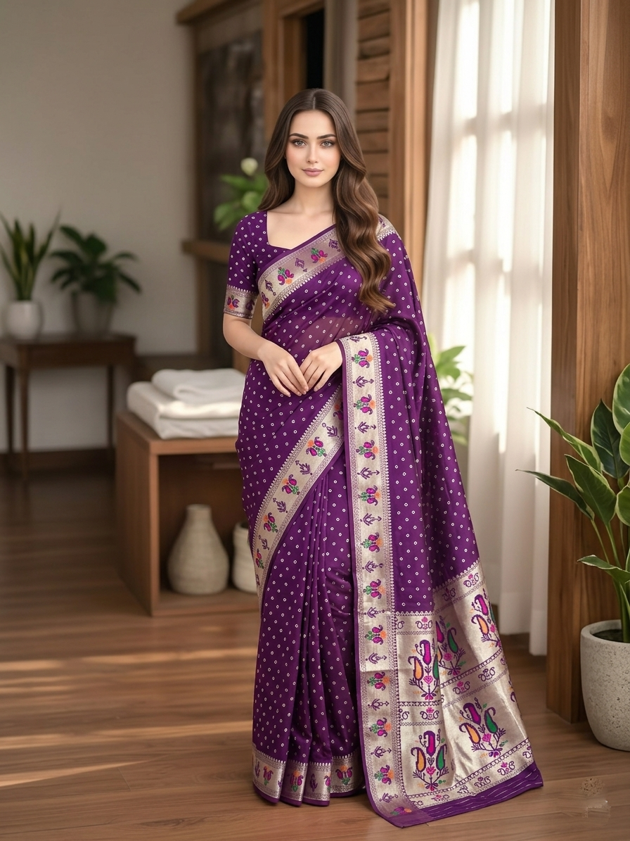 All Over Bandhej Paithani Dola Soft Silk Saree Main image