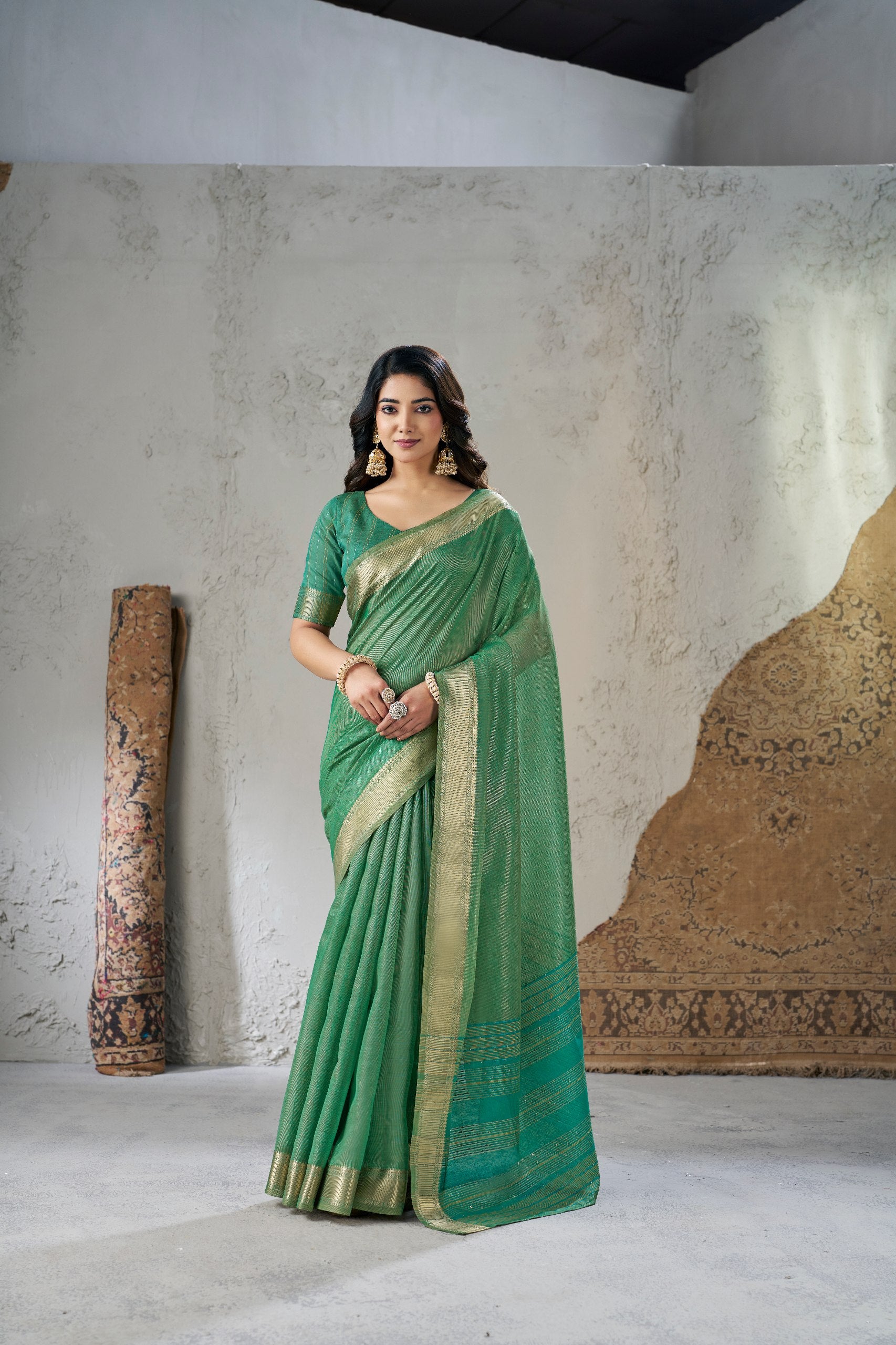 Rich Gold Zari Weaving Soft Linen Cotton Silk Saree Main image