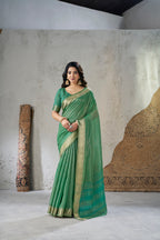 Rich Gold Zari Weaving Soft Linen Cotton Silk Saree
