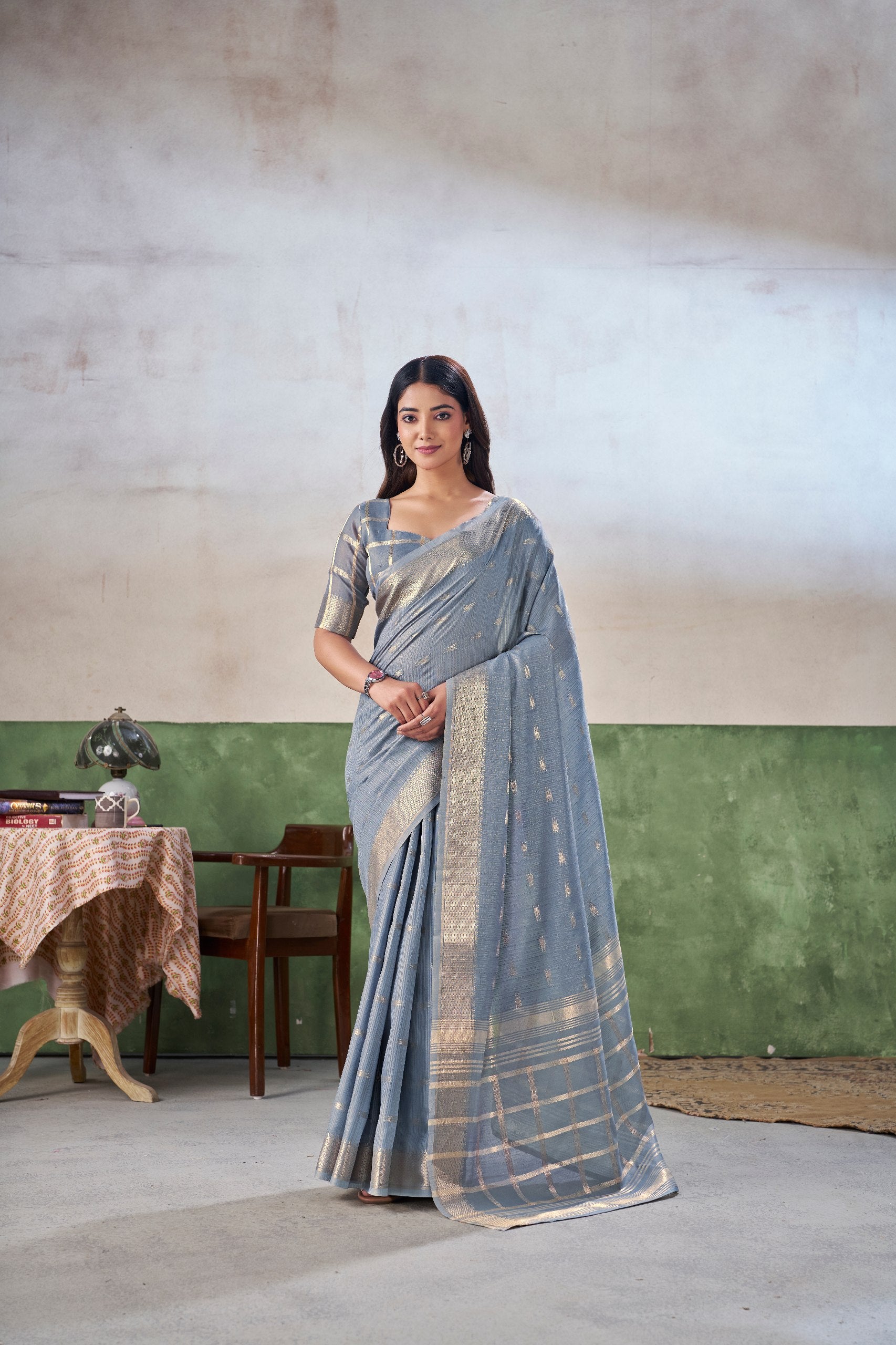 Party Wear Gold Zari Soft Linen Cotton Silk Saree Main image