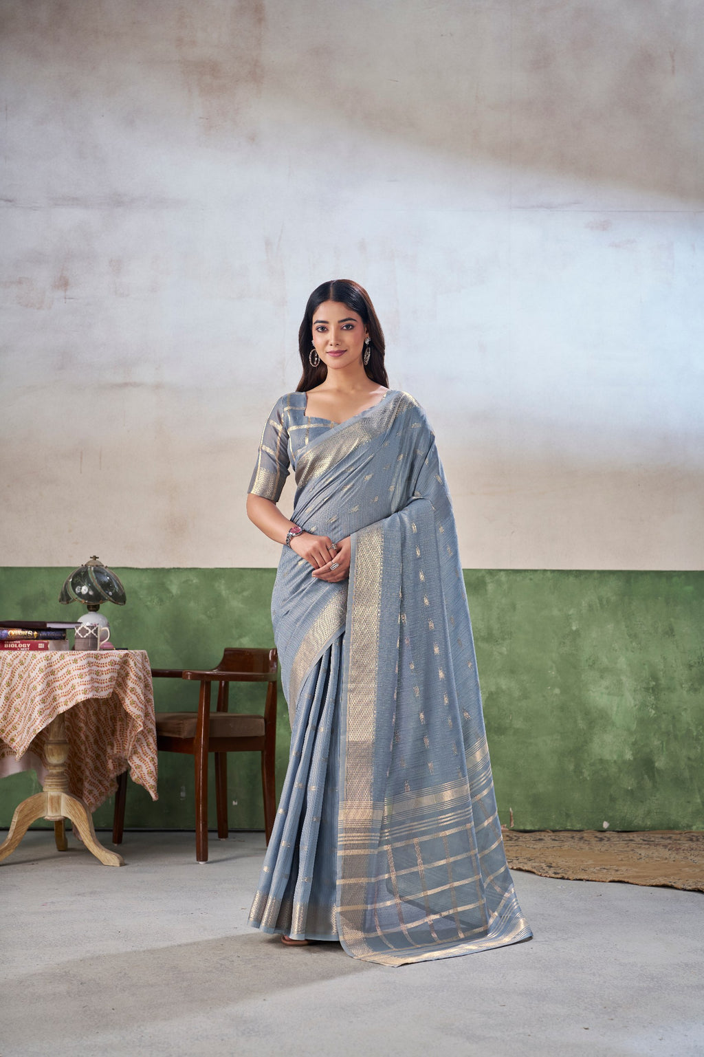 Party Wear Gold Zari Soft Linen Cotton Silk Saree