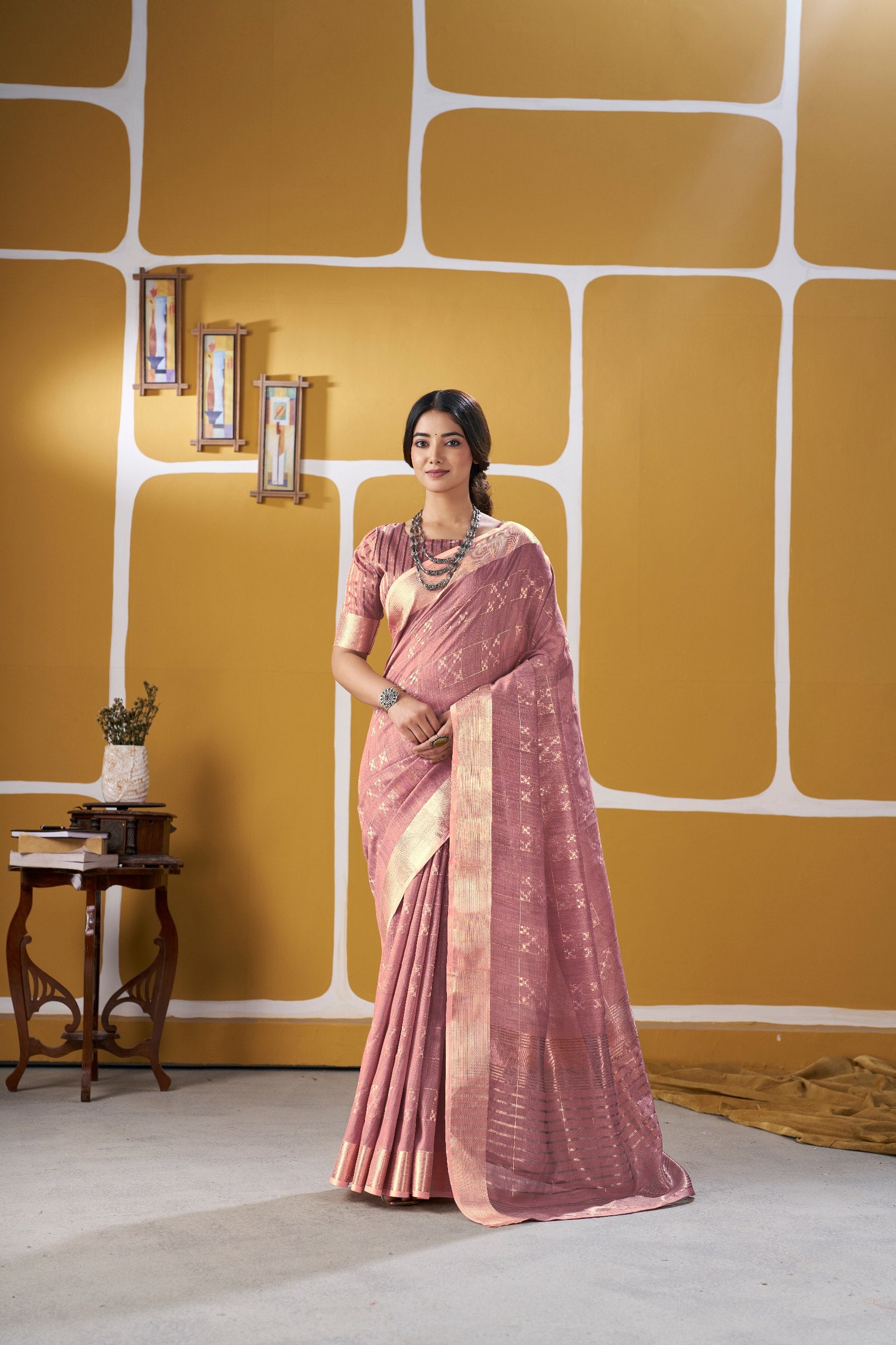 Premium Linen Cotton Silk Saree with Gold Zari Design Main image