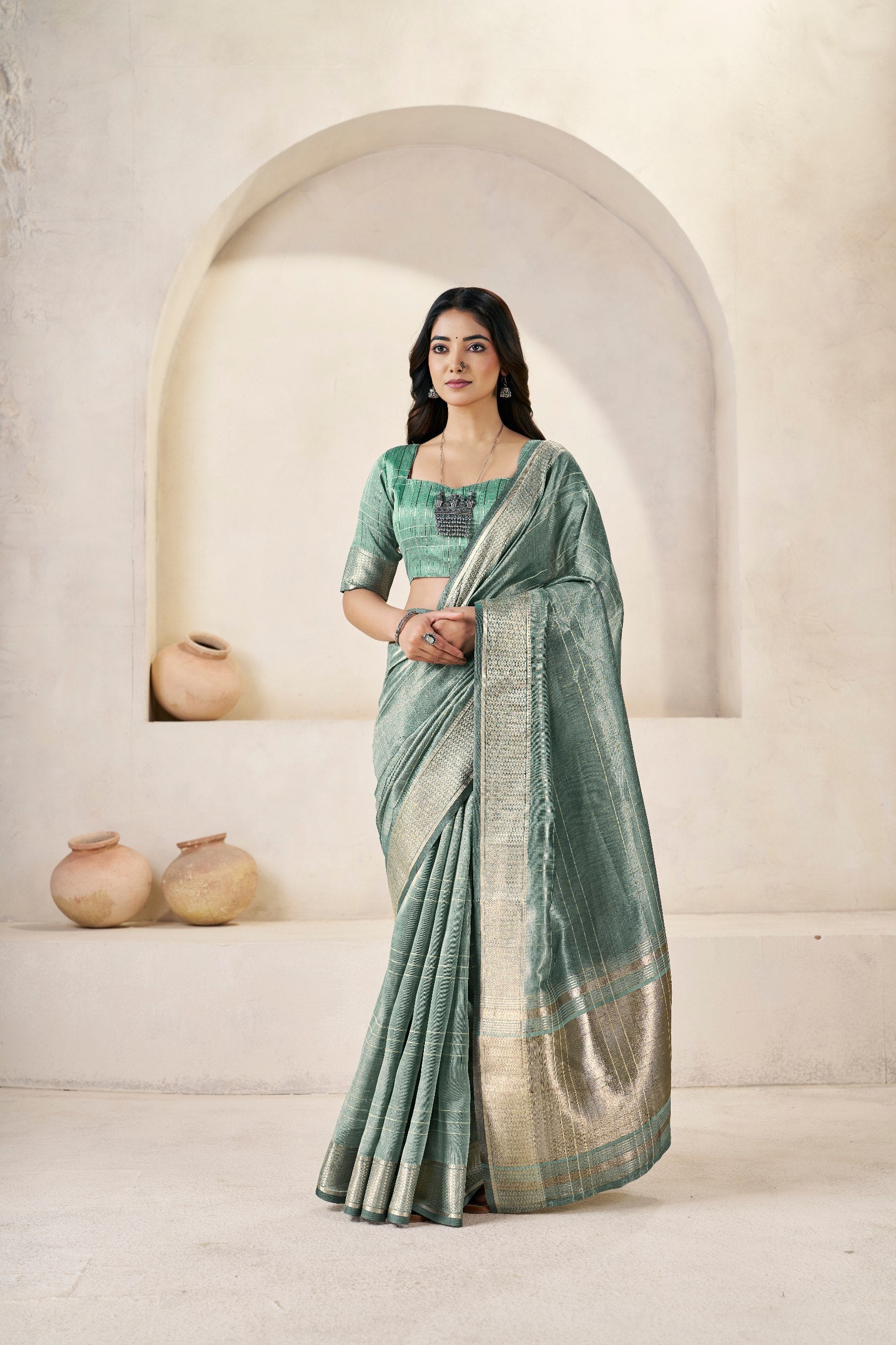 Designer Gold Zari With Soft Linen Cotton Silk Saree Main image
