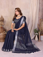 Beauty Soft Linen Cotton Saree with Silver Zari Border