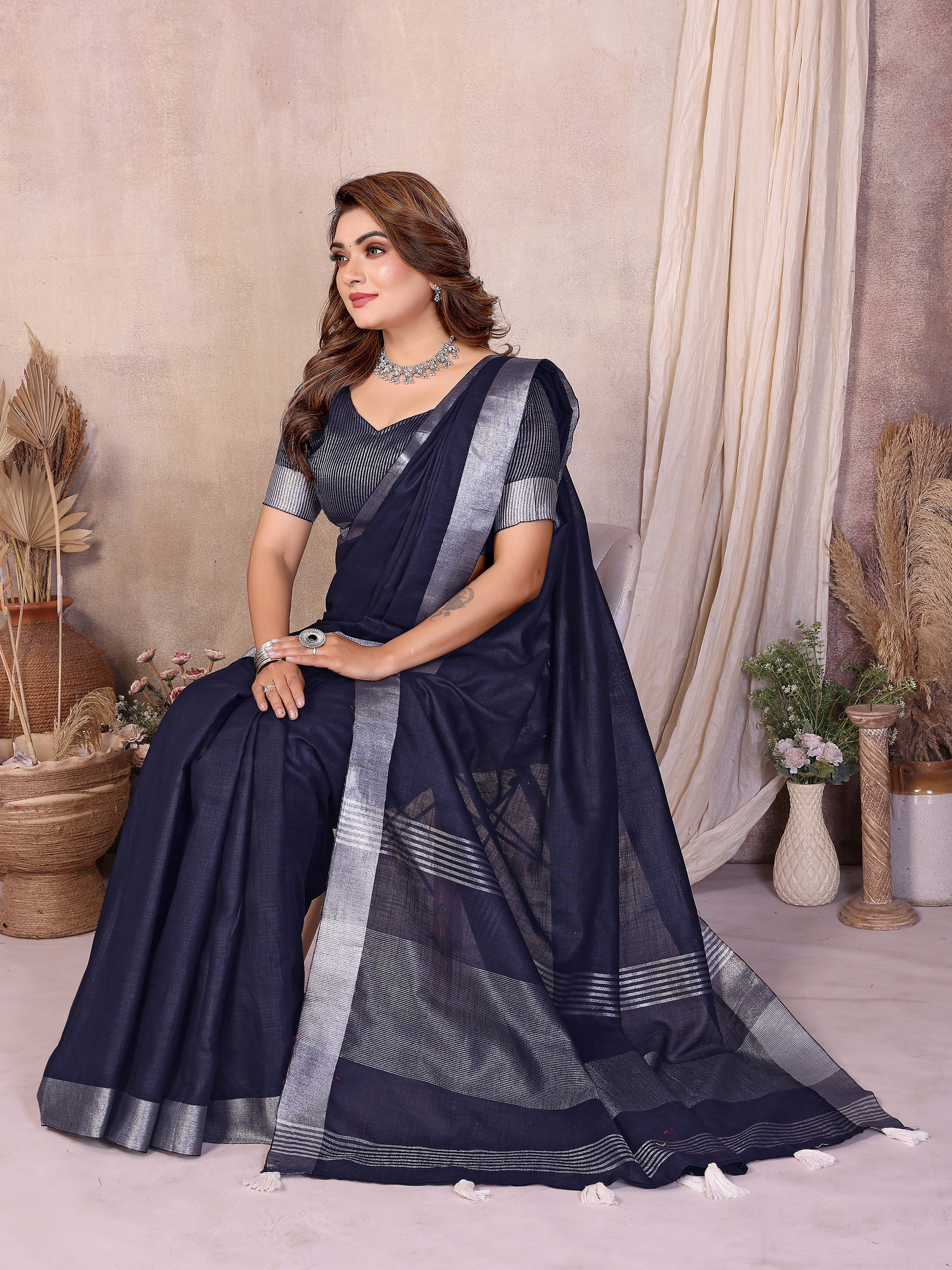 Beauty Soft Linen Cotton Saree with Silver Zari Border