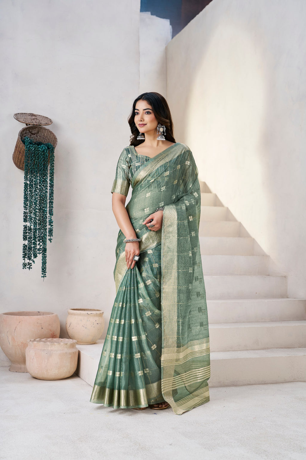 Soft Linen Cotton Silk Saree with Gold Zari Weaving