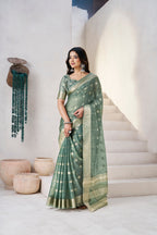 Soft Linen Cotton Silk Saree with Gold Zari Weaving