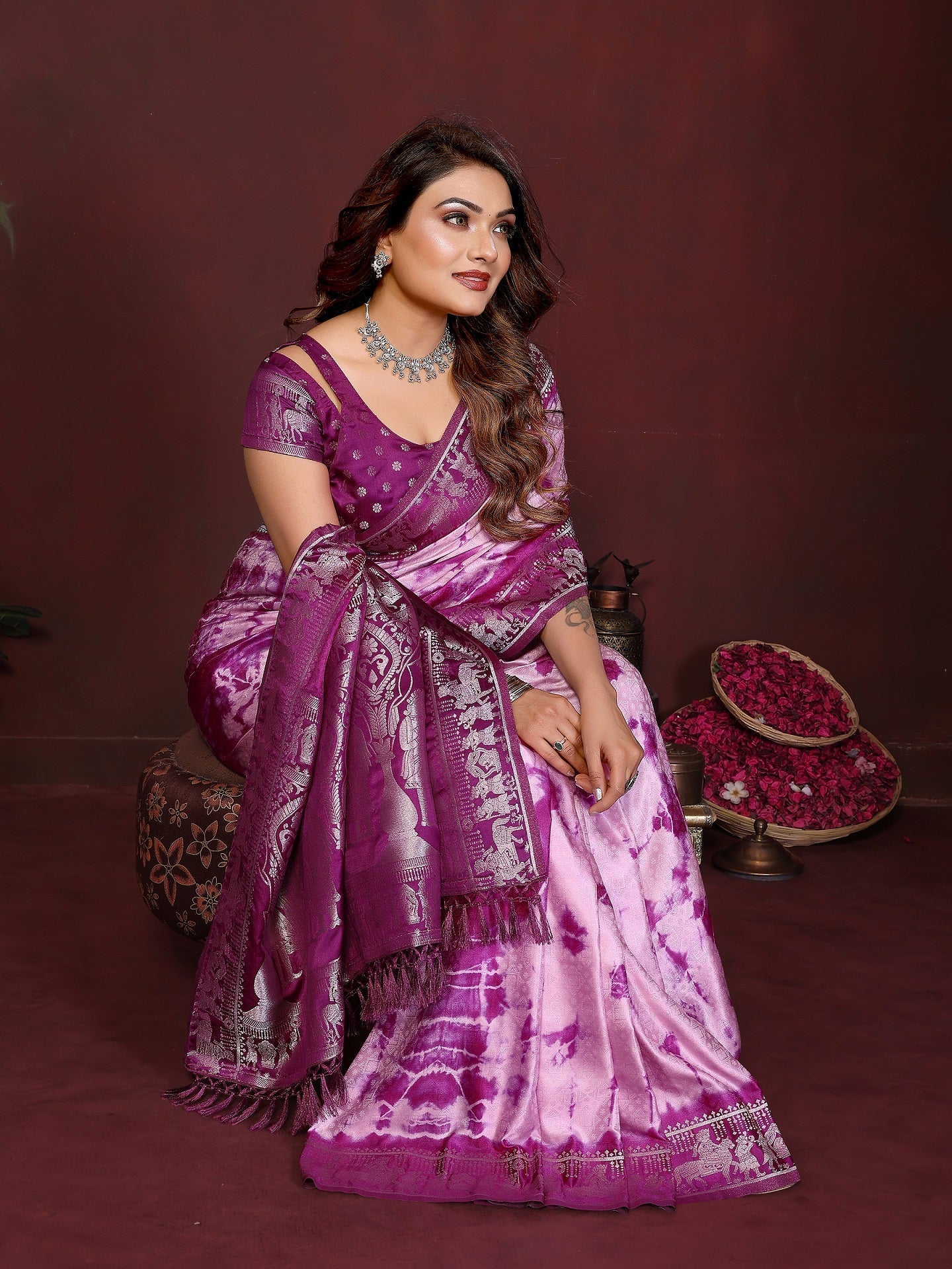 Sibori Bandhej Soft Satin Silk Zari Border Saree