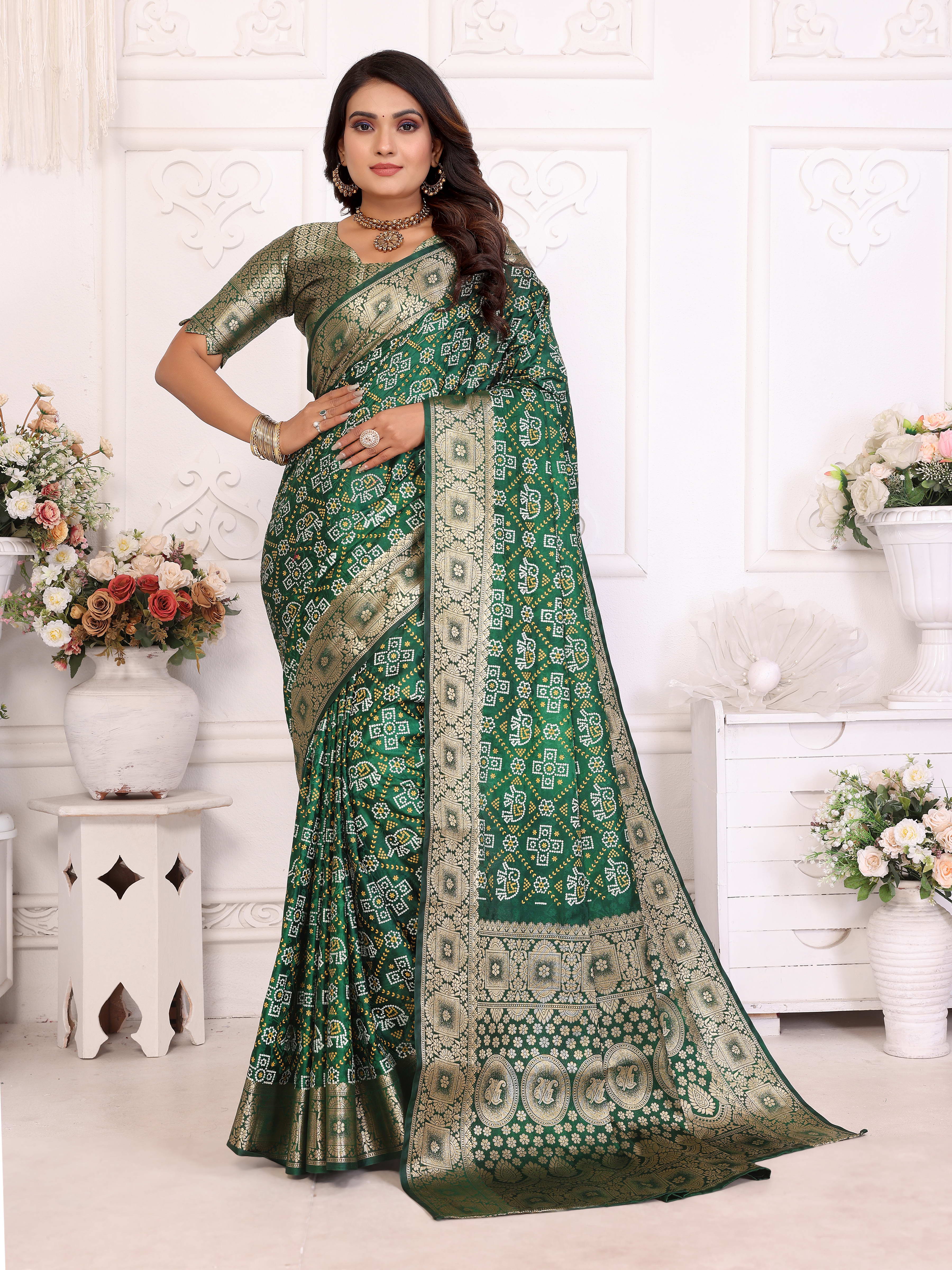 Bandhej Print Soft Satin Silk Saree with Zari Border Main image