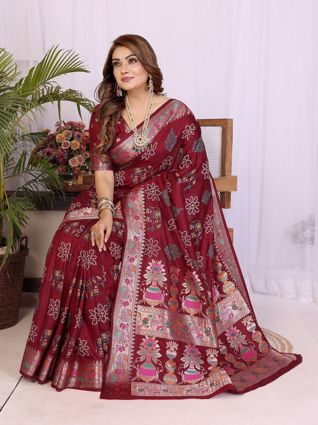 Dola Silk Bandhej Khadi Print Saree with Kanchi Border