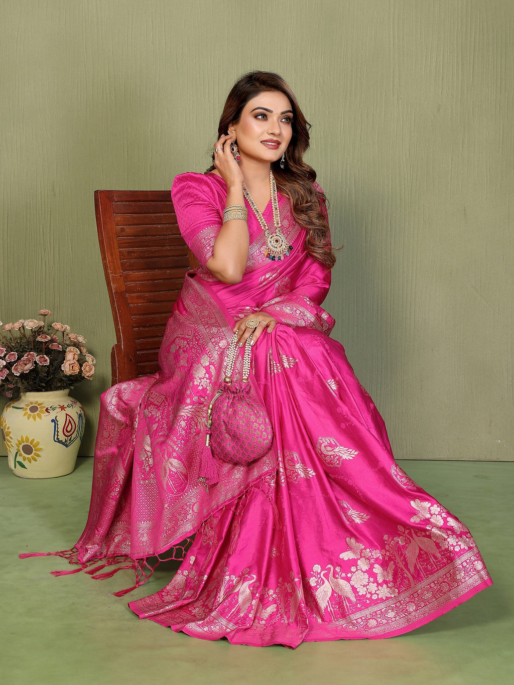 Zari Butta and Contrast Border Handloom Satin Silk Saree