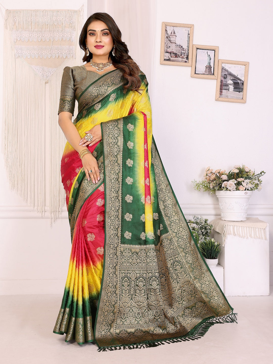 3D Multi Color Soft Satin Silk Dyed Saree with Zari Work Main image