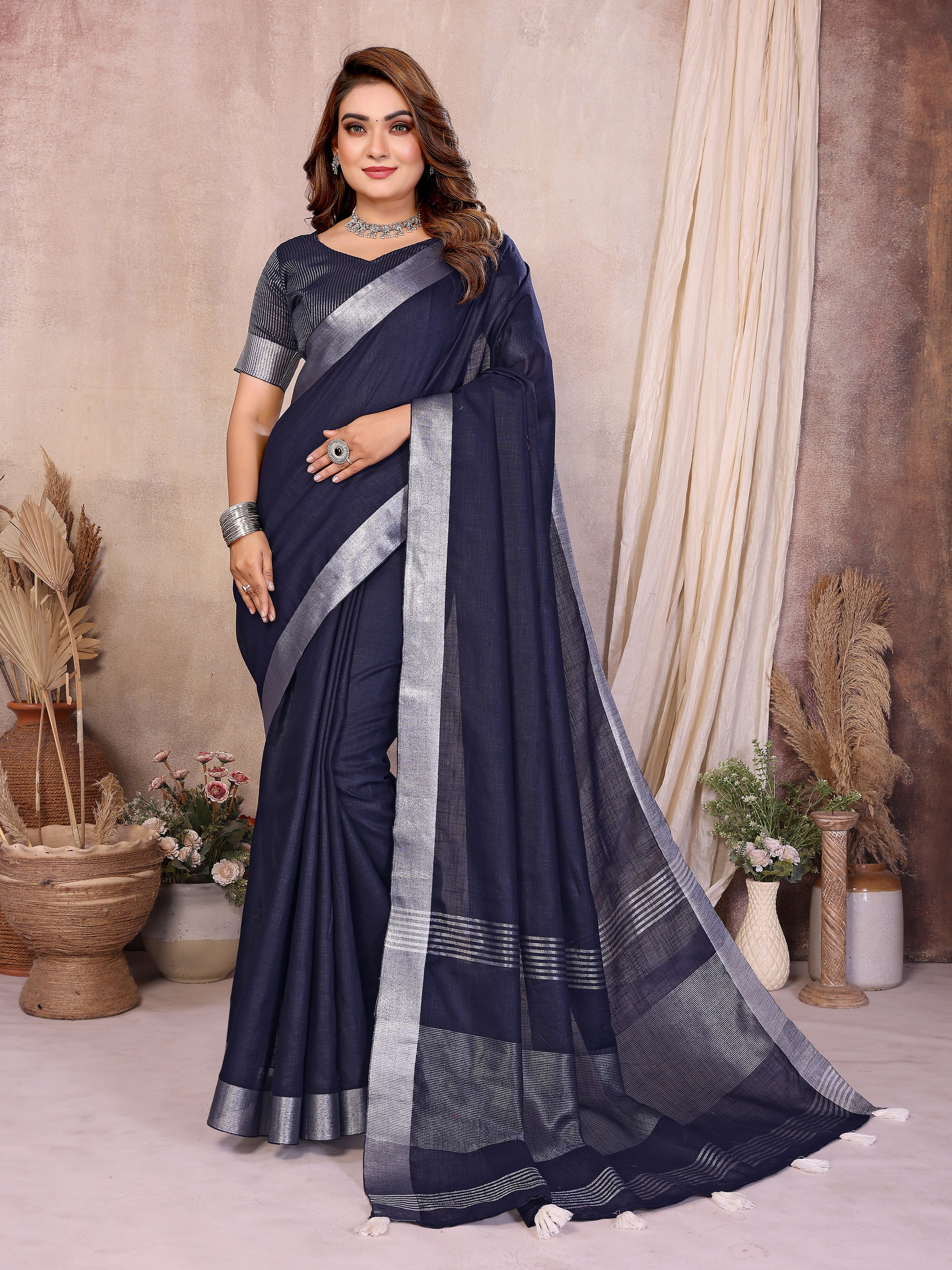 Beauty Soft Linen Cotton Saree with Silver Zari Border Main image