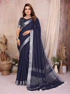 Beauty Soft Linen Cotton Saree with Silver Zari Border