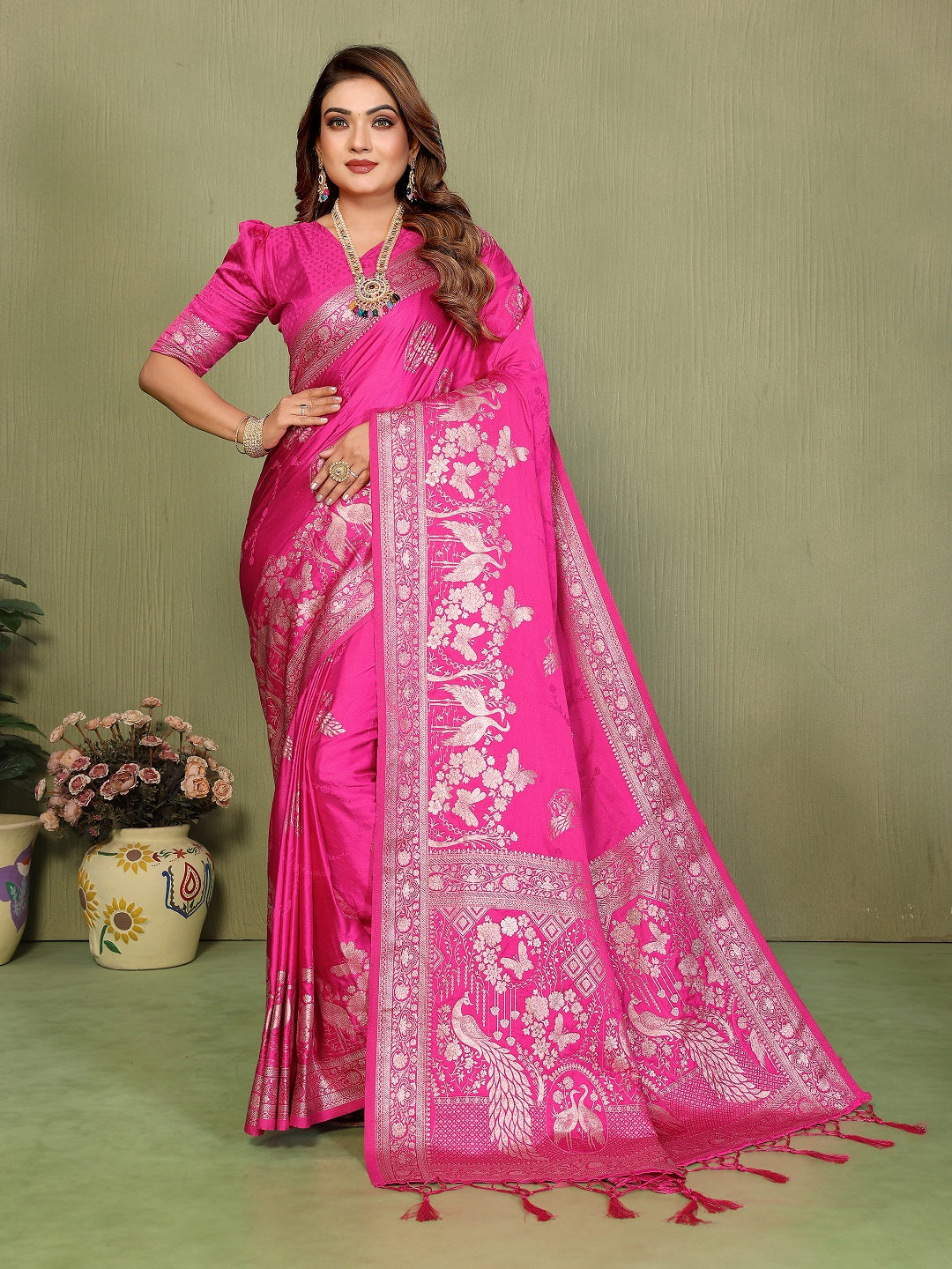 Zari Butta and Contrast Border Handloom Satin Silk Saree