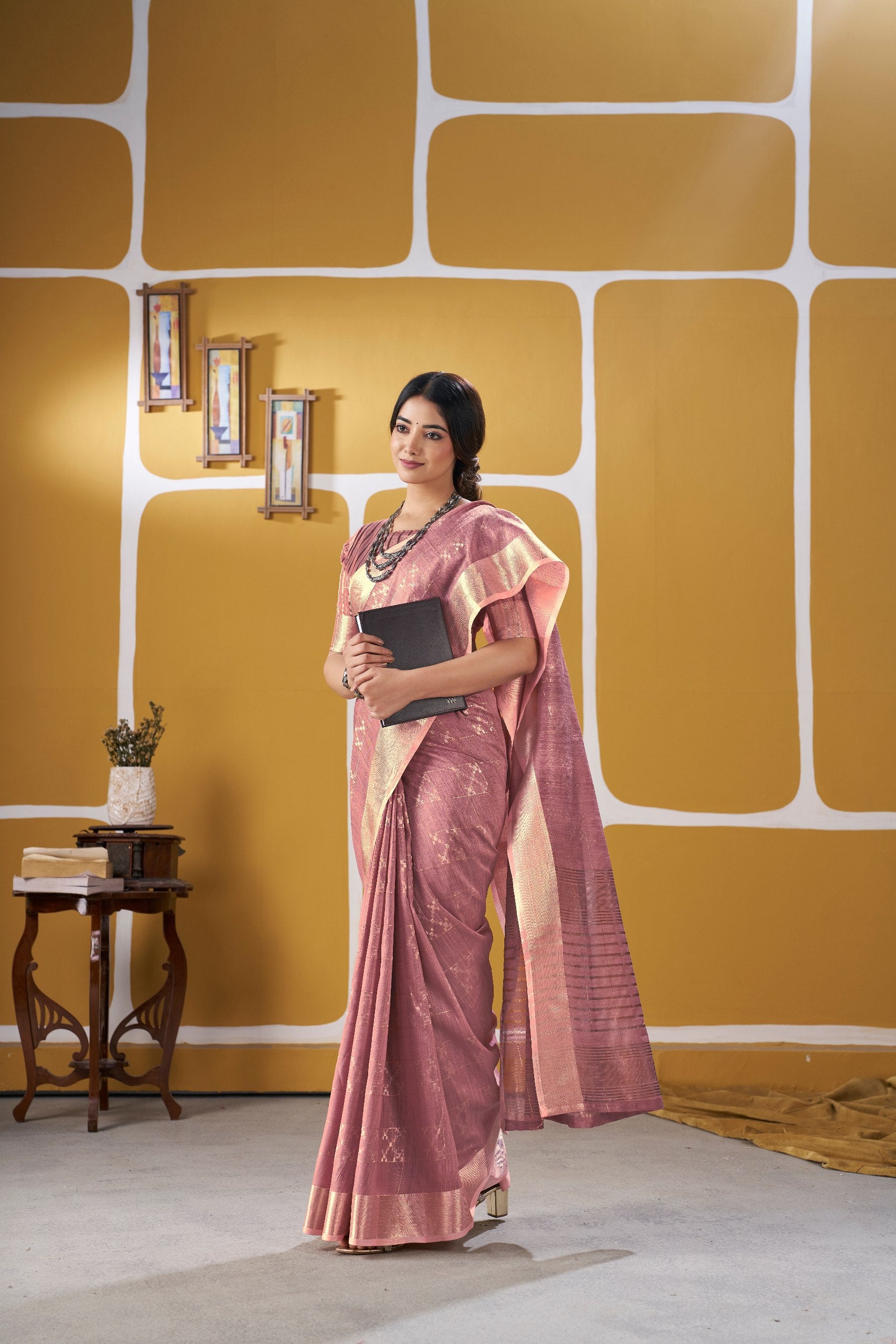 Premium Linen Cotton Silk Saree with Gold Zari Design