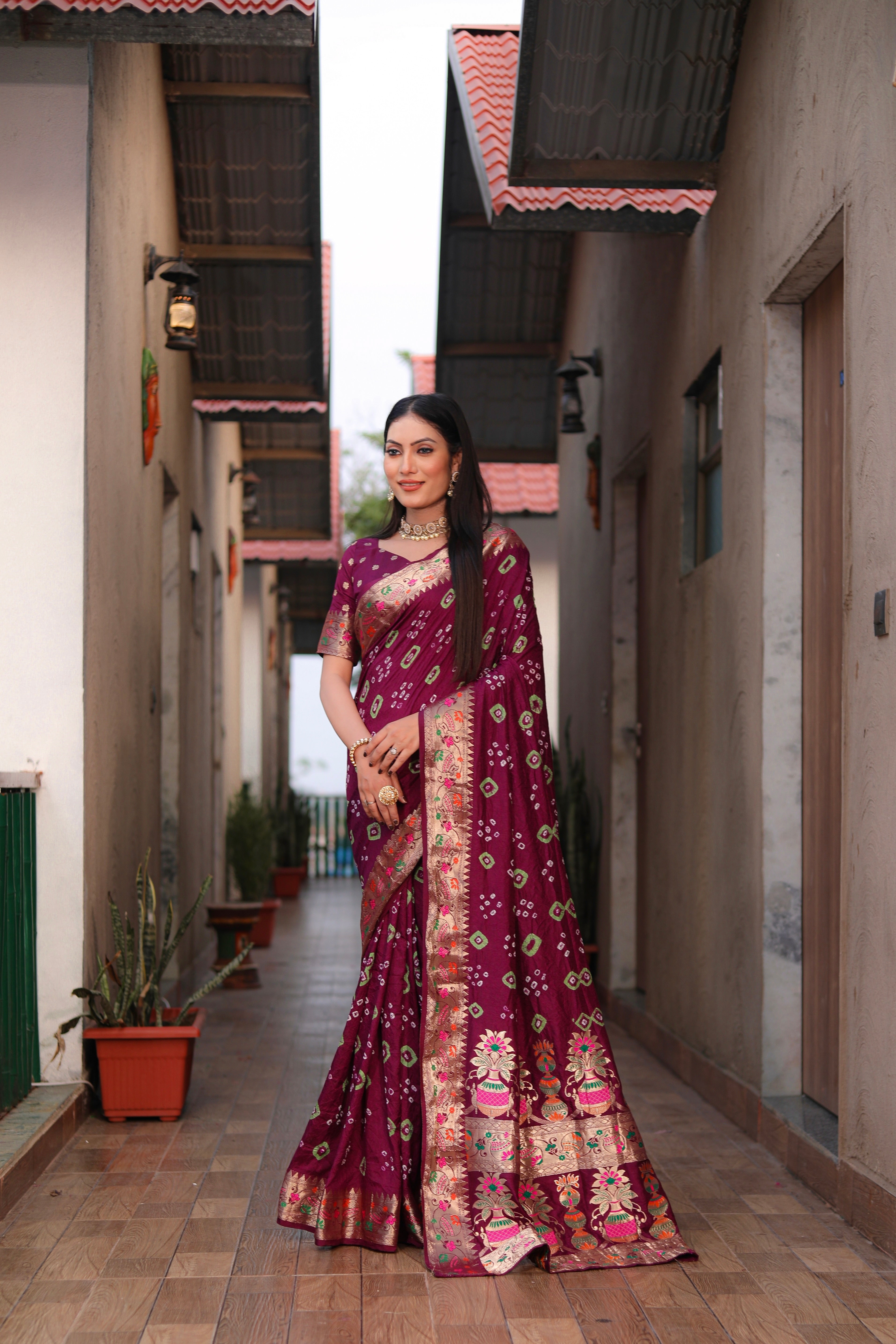 Pure Bandhej Silk Saree with Matka Border Secondary image
