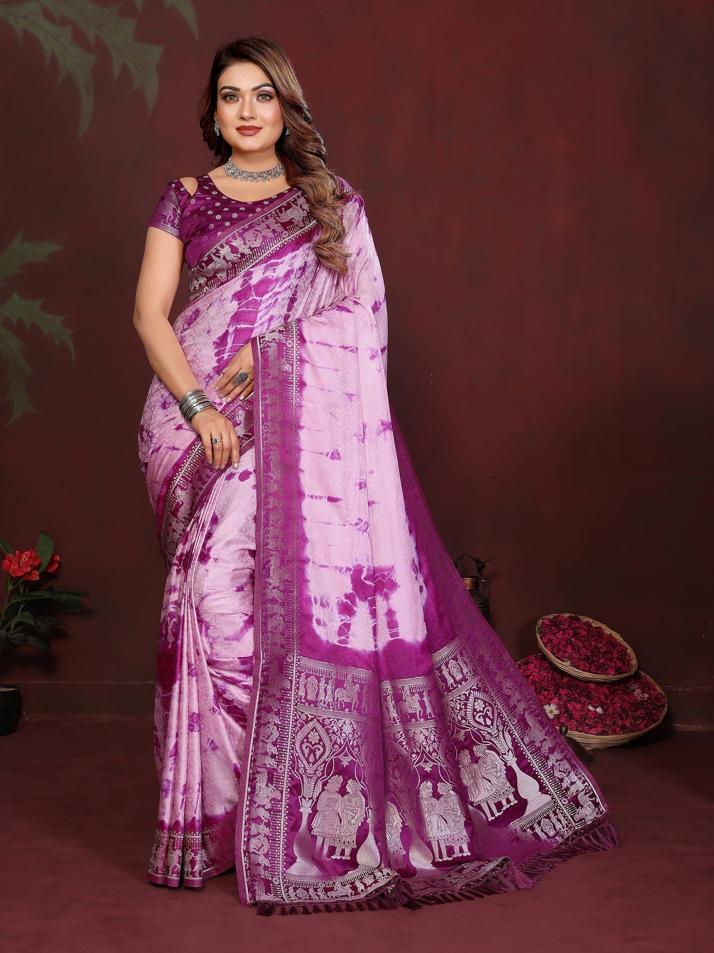 Sibori Bandhej Soft Satin Silk Zari Border Saree