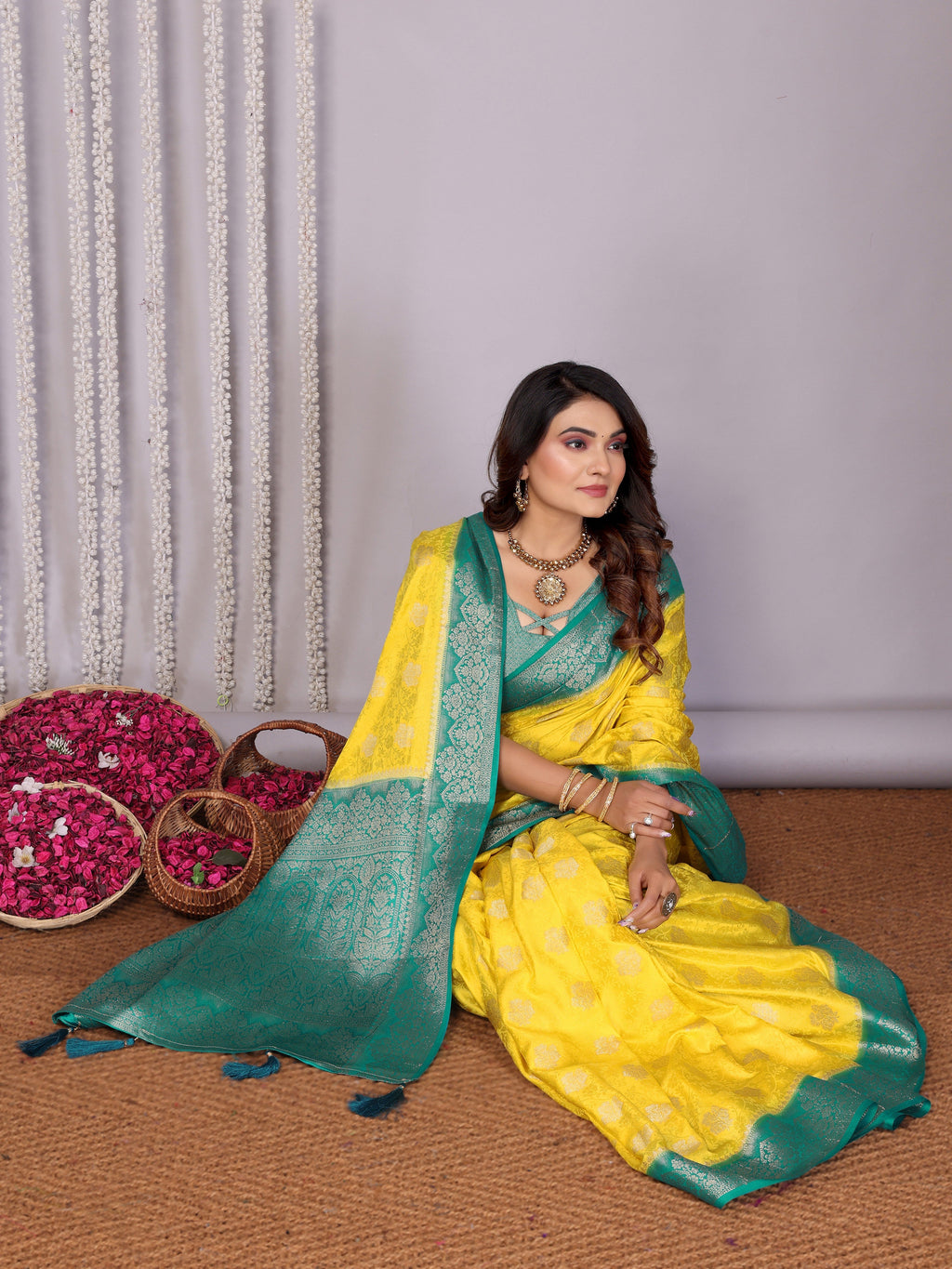 Zari Butta and Contrast Border Satin Silk Saree