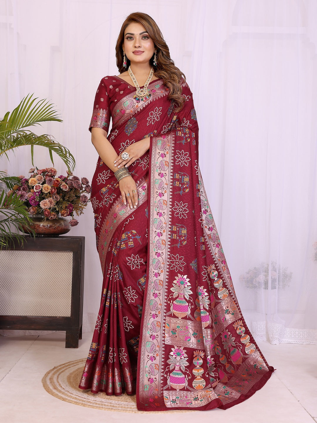 Dola Silk Bandhej Khadi Print Saree with Kanchi Border Main image