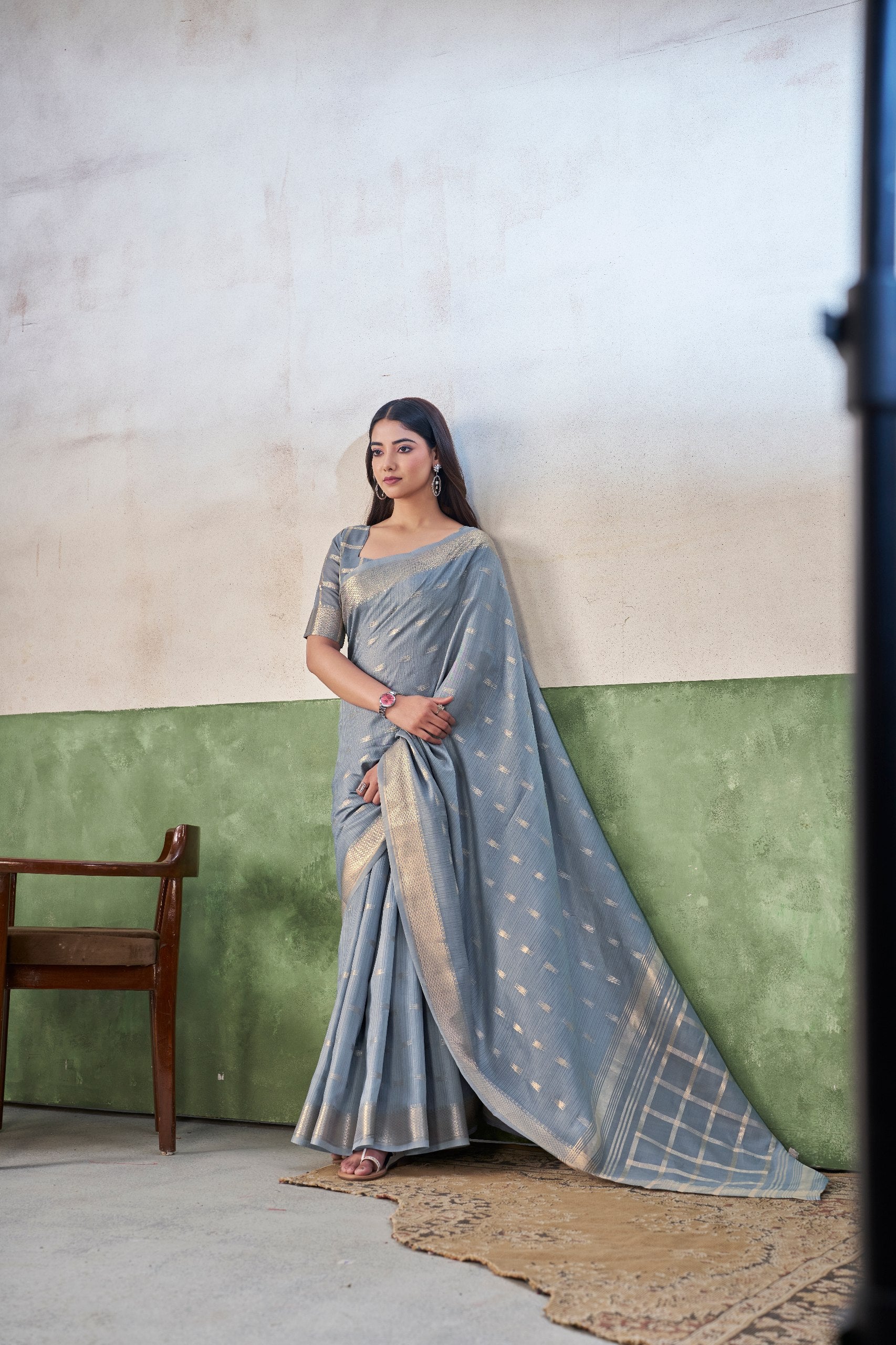 Party Wear Gold Zari Soft Linen Cotton Silk Saree