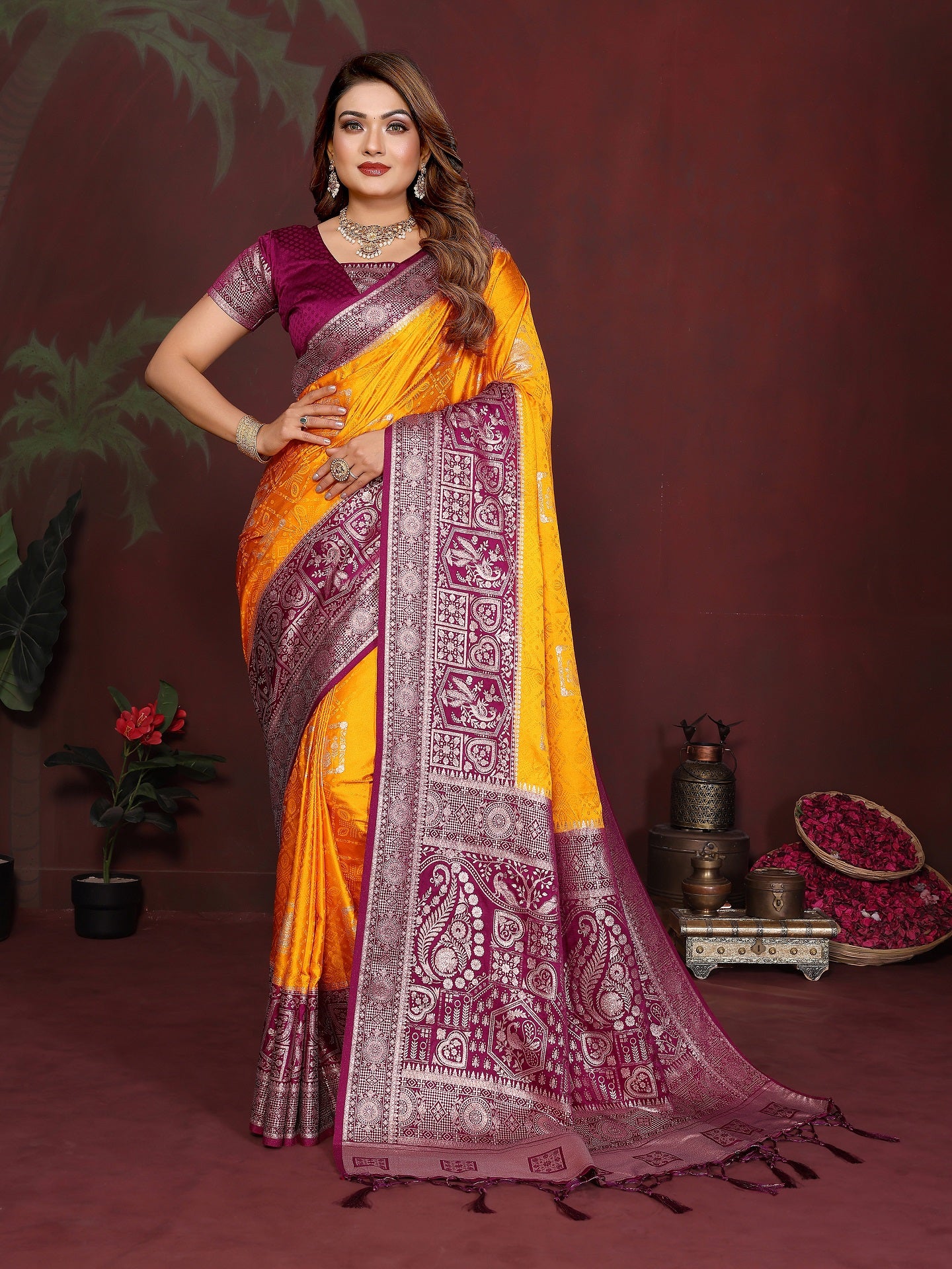 Rich Pallu and Contrast Border Satin Silk Saree Main image