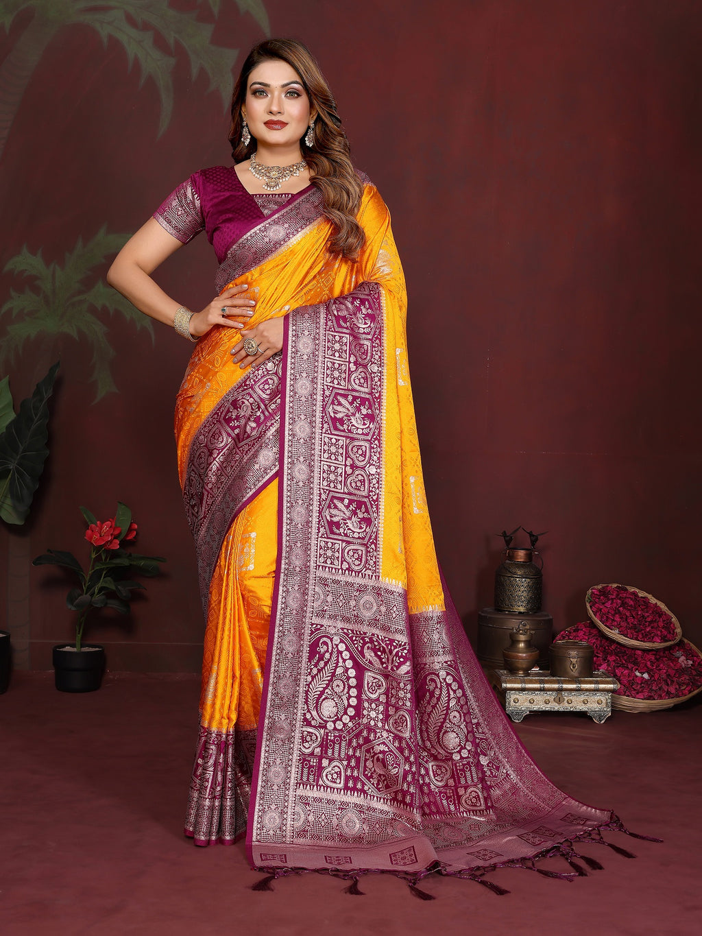 Rich Pallu and Contrast Border Satin Silk Saree
