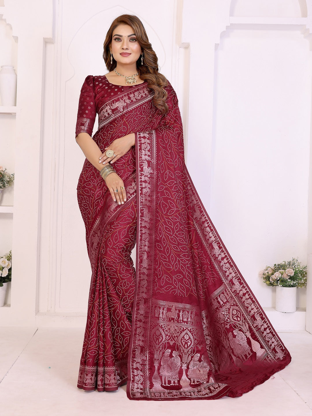 Kanchi Zari Border with Bandhej Print Saree Main image