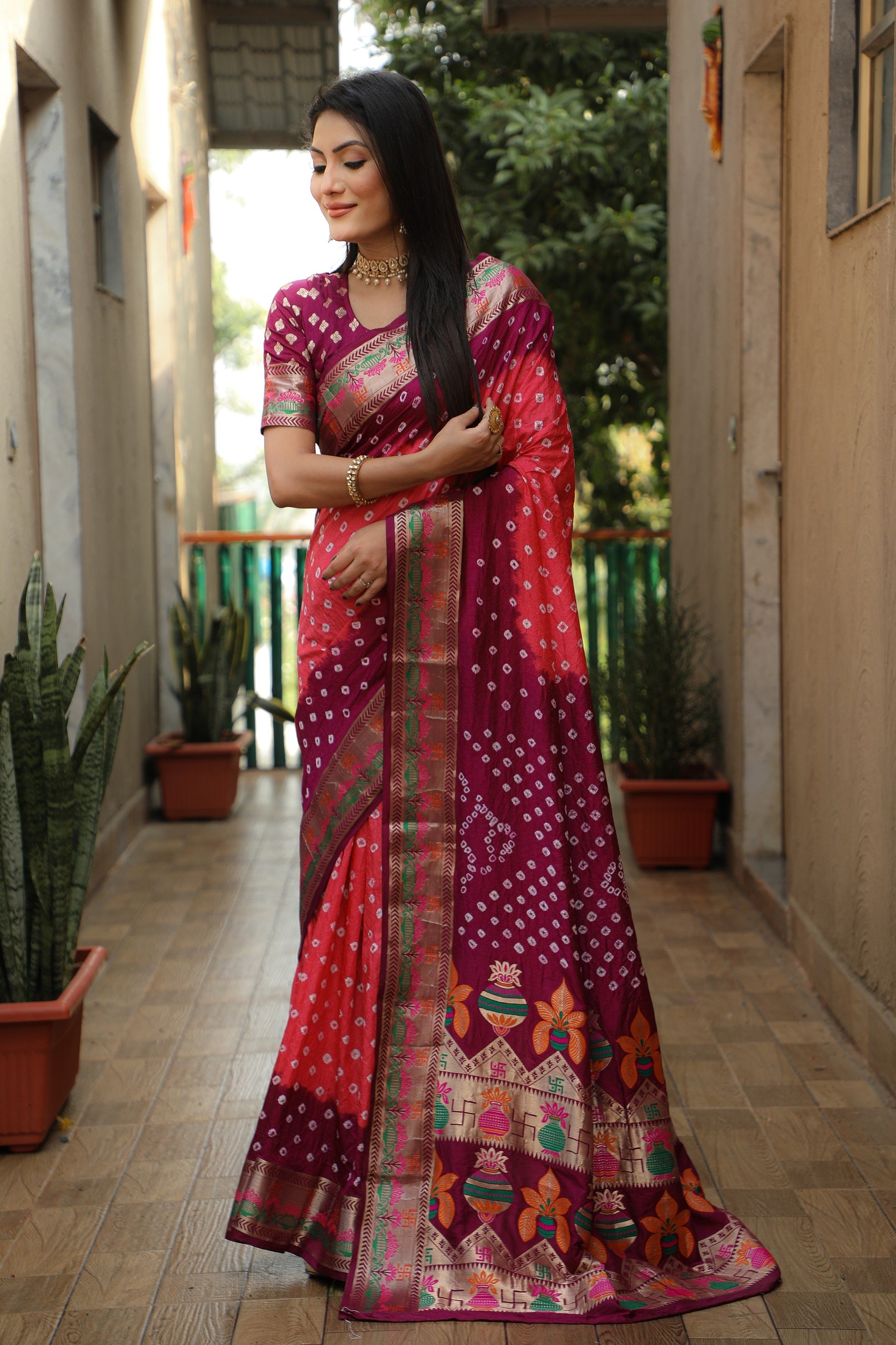 Pure Bandhej Silk Paithani Saree with Minakari Border
