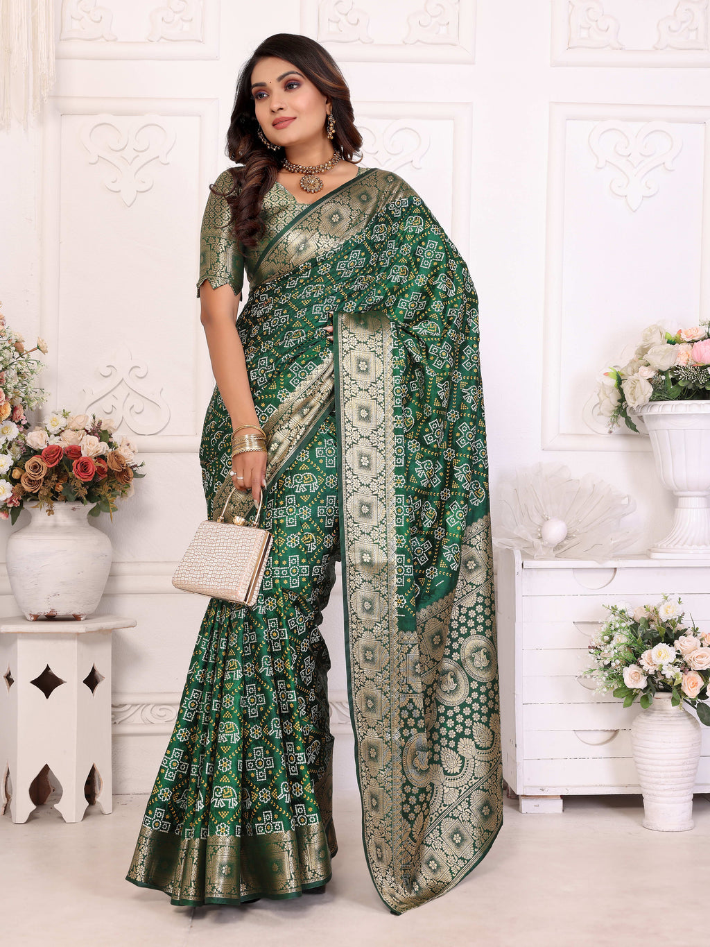 Bandhej Print Soft Satin Silk Saree with Zari Border