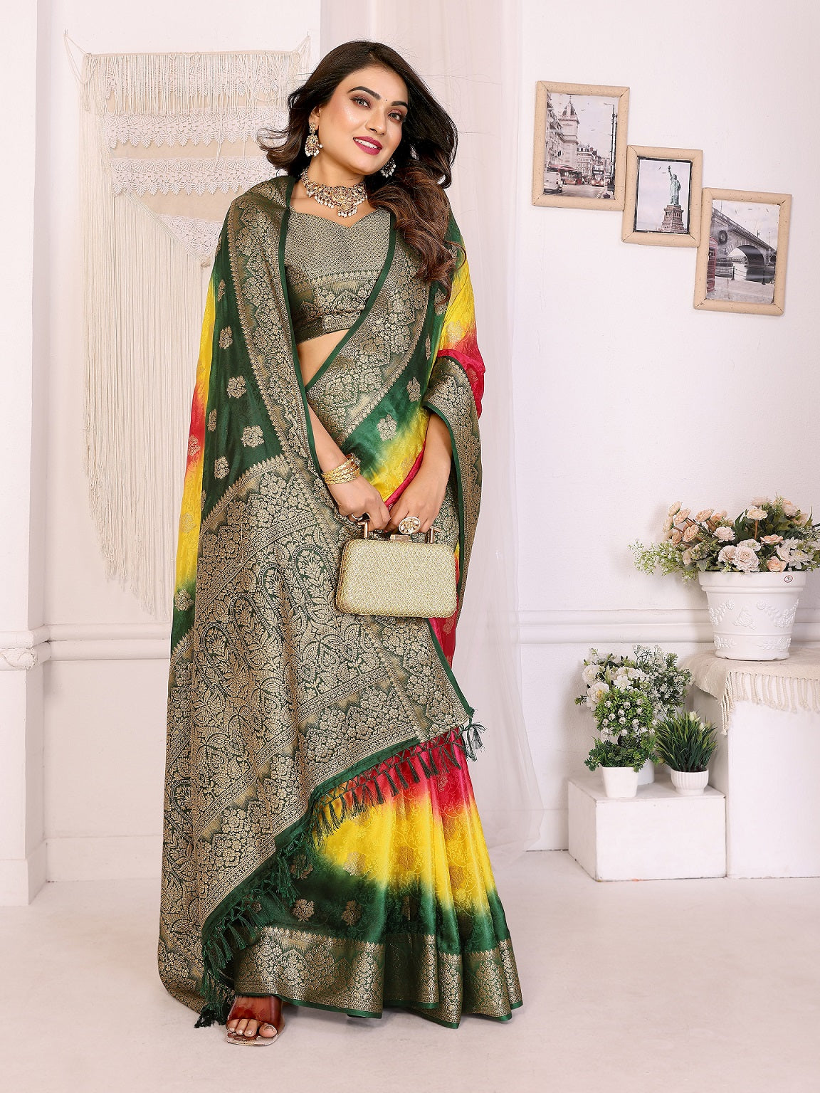3D Multi Color Soft Satin Silk Dyed Saree with Zari Work