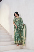 Soft Linen Cotton Silk Saree with Gold Zari Weaving