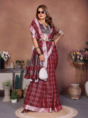 Linen Chex Weaving Saree with Jari Pallu