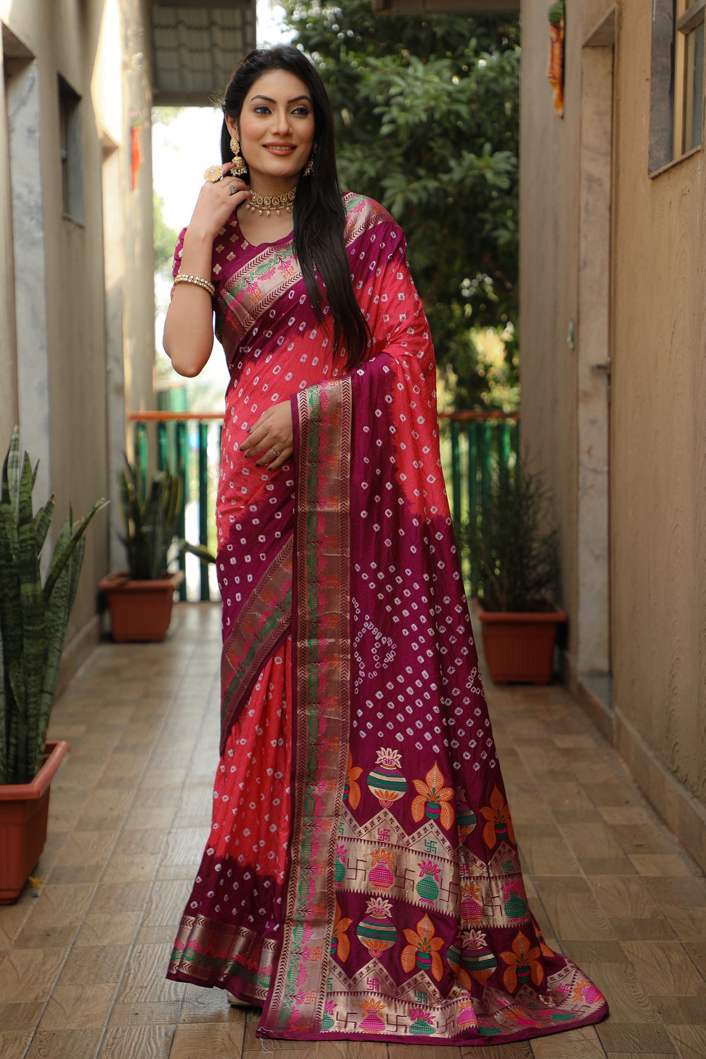 Pure Bandhej Silk Paithani Saree with Minakari Border Main image