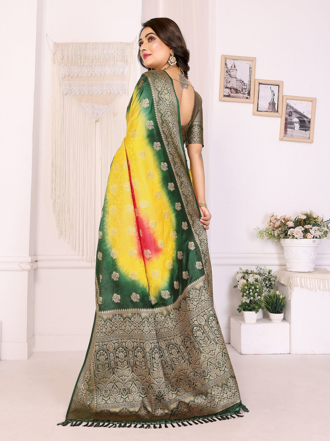 3D Multi Color Soft Satin Silk Dyed Saree with Zari Work