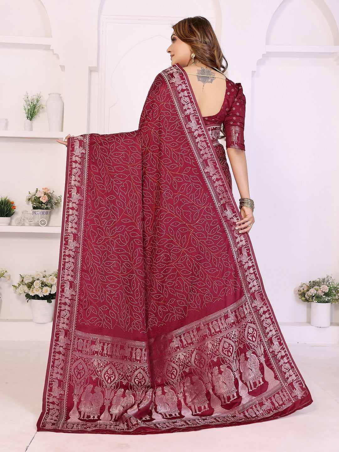 Kanchi Zari Border with Bandhej Print Saree