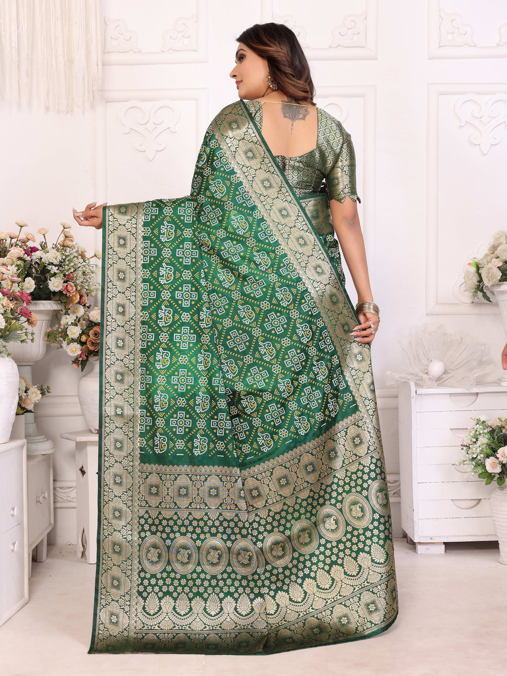 Bandhej Print Soft Satin Silk Saree with Zari Border
