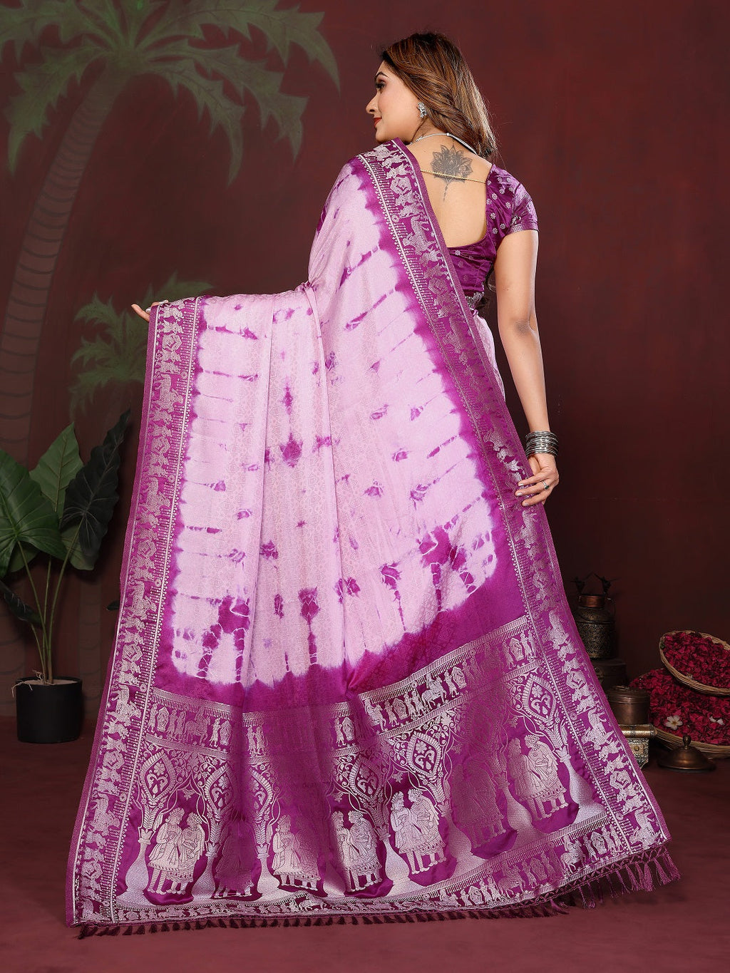 Sibori Bandhej Soft Satin Silk Zari Border Saree