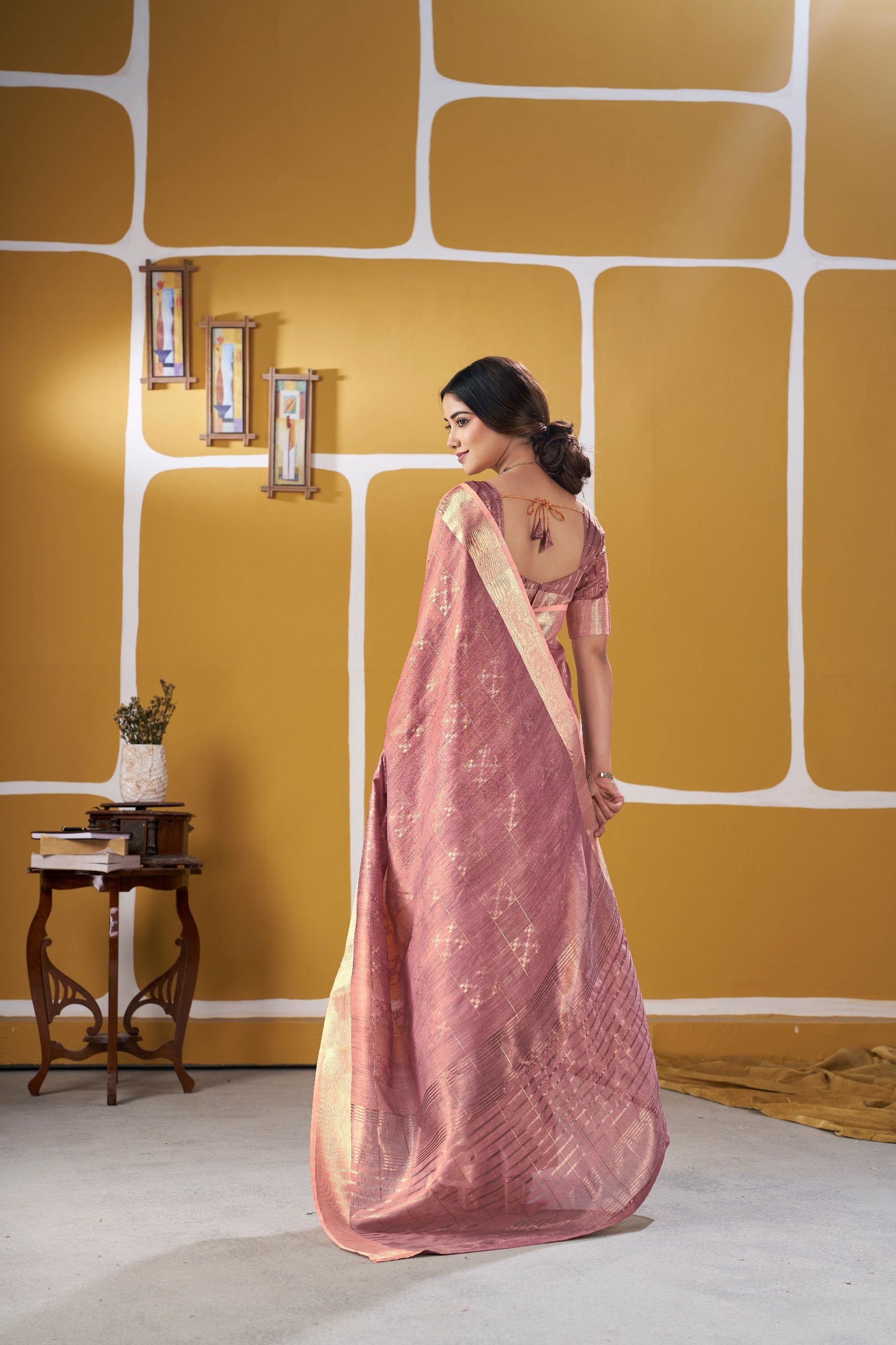 Premium Linen Cotton Silk Saree with Gold Zari Design
