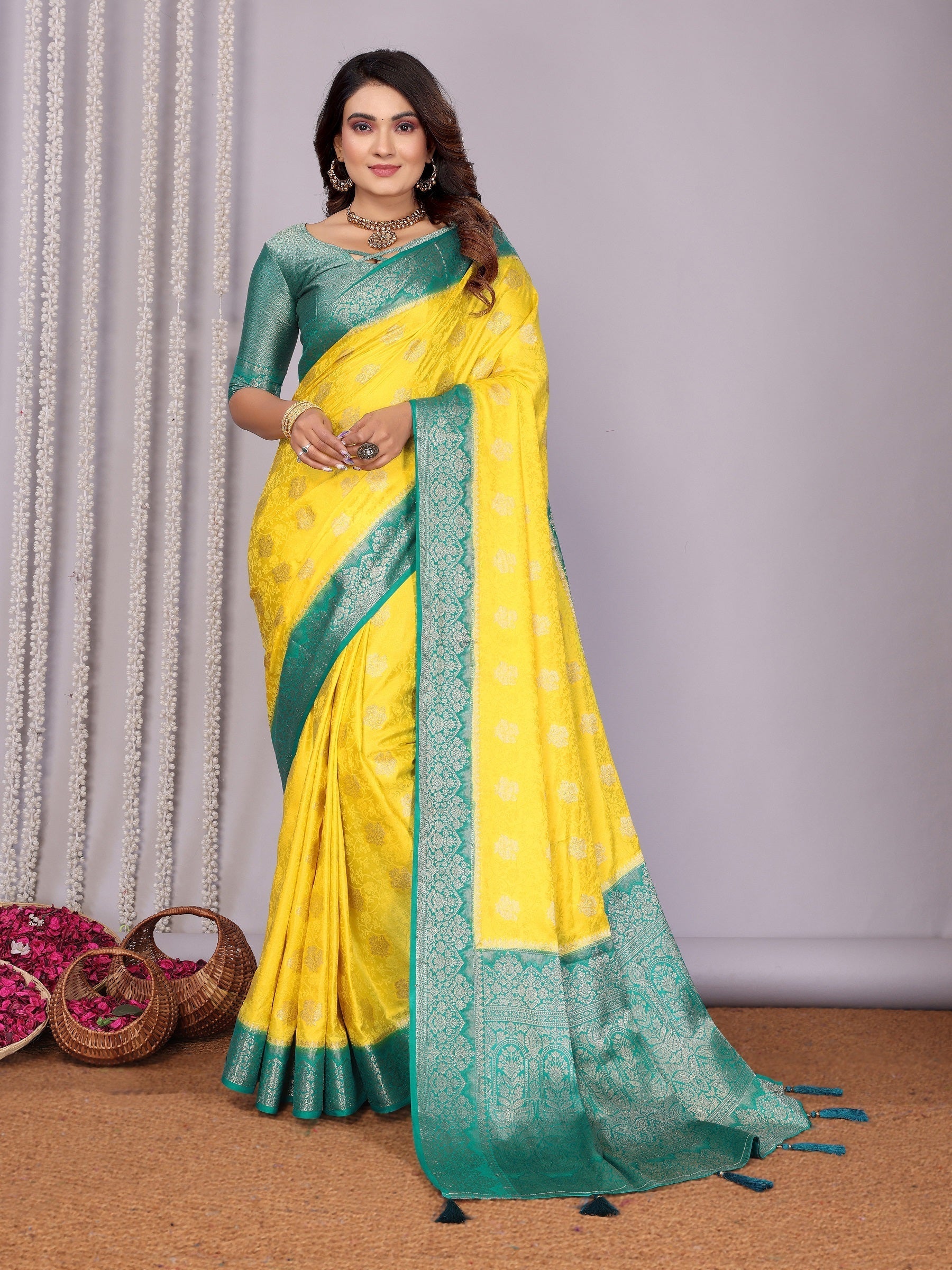 Zari Butta and Contrast Border Satin Silk Saree