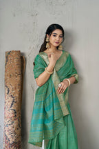 Rich Gold Zari Weaving Soft Linen Cotton Silk Saree